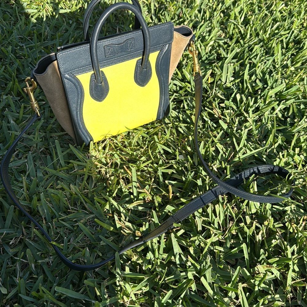 Celine Mini Luggage Handbag - Yellow Black & Tan Crossbody Strap Included - Picture 6 of 6